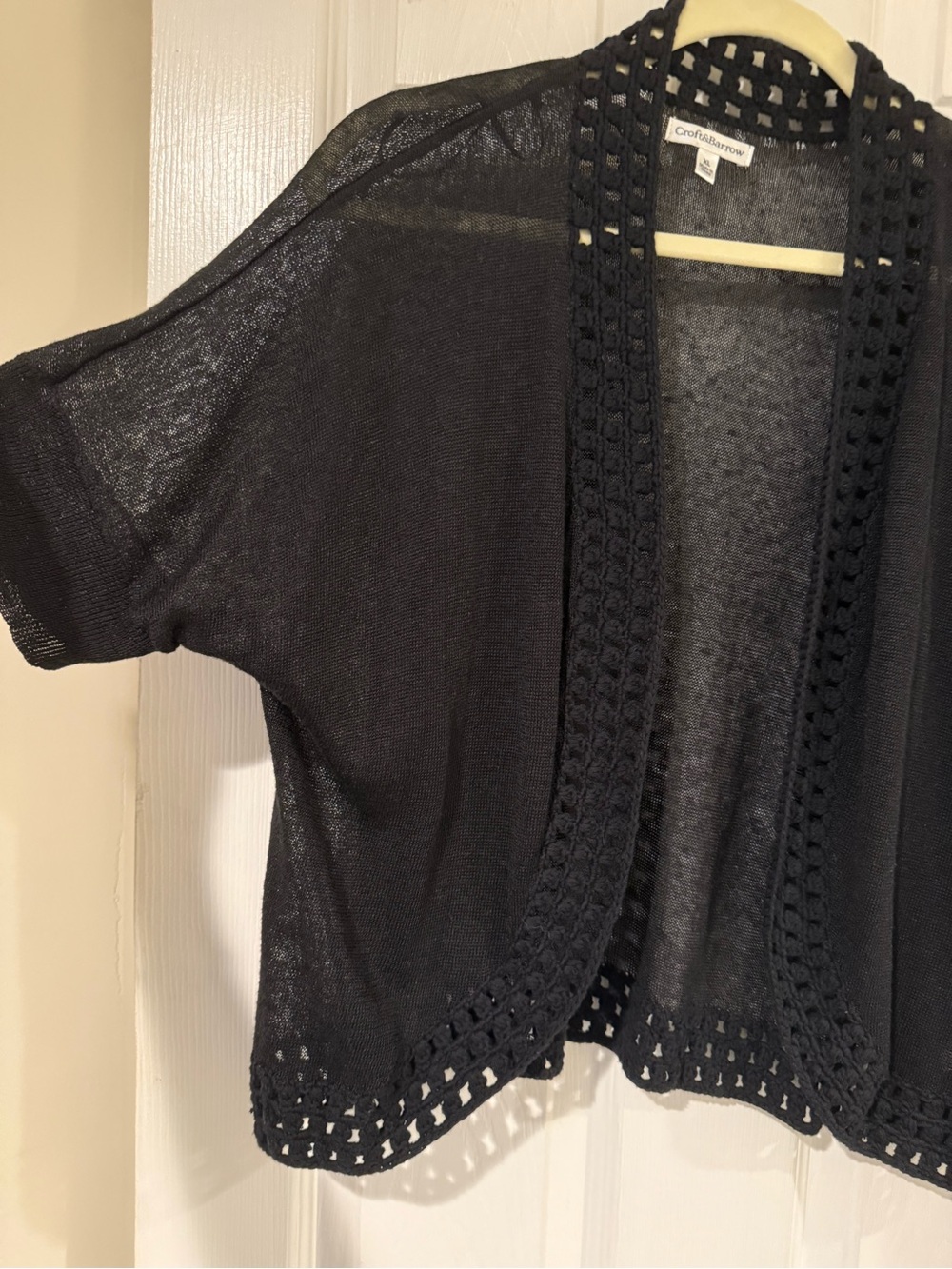 croft & barrow Black Open-Front Crochet Trim Short-Sleeve Cardigan - Picture 2 of 2